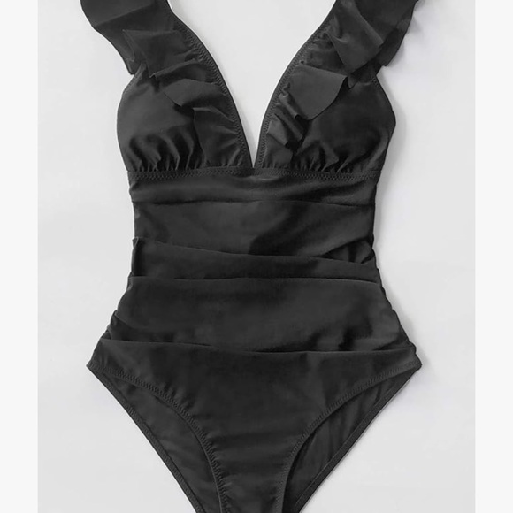 CUPSHE Women's Black V Neck Lace Up Ruffled One Piece Swimsuit - Picture 3 of 5